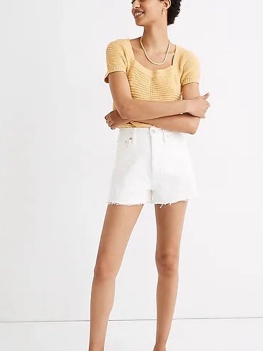 Madewell The Momjean Distressed High-Rise Denim Cutoff Shorts White - 27